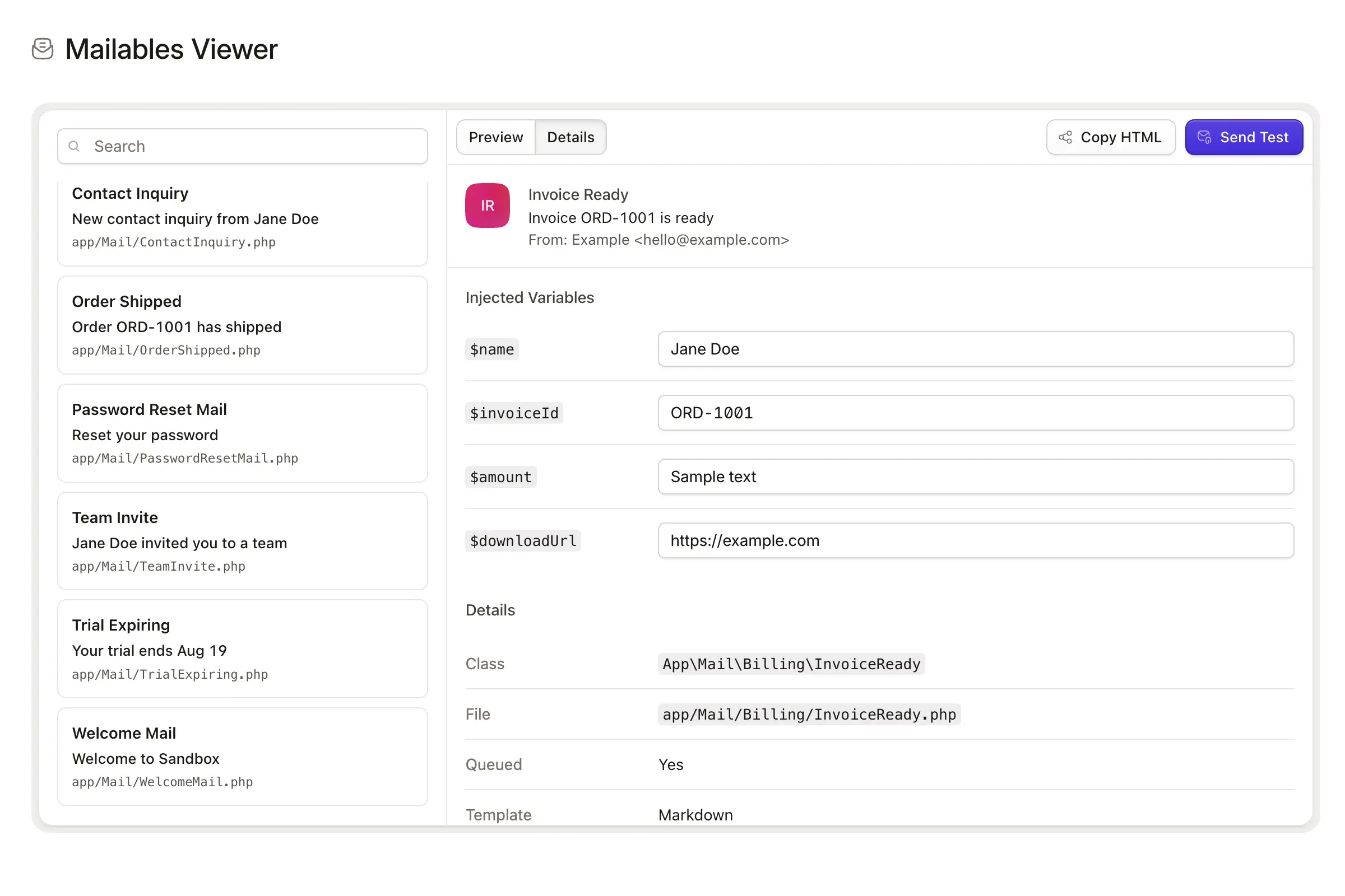 Mailables Viewer in the Statamic Control Panel, previewing an Invoice Ready email