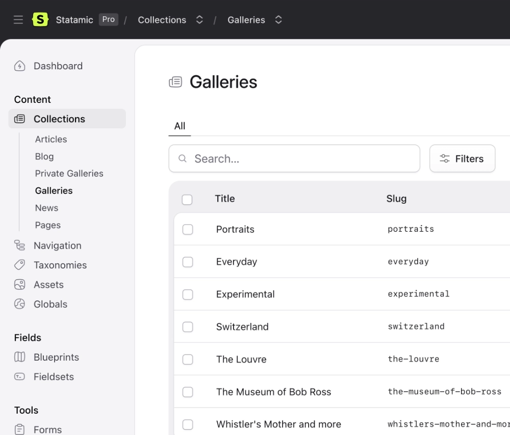 An intuitive control panel with various customizations like different collections such as Galleries, Pages, and Blog.